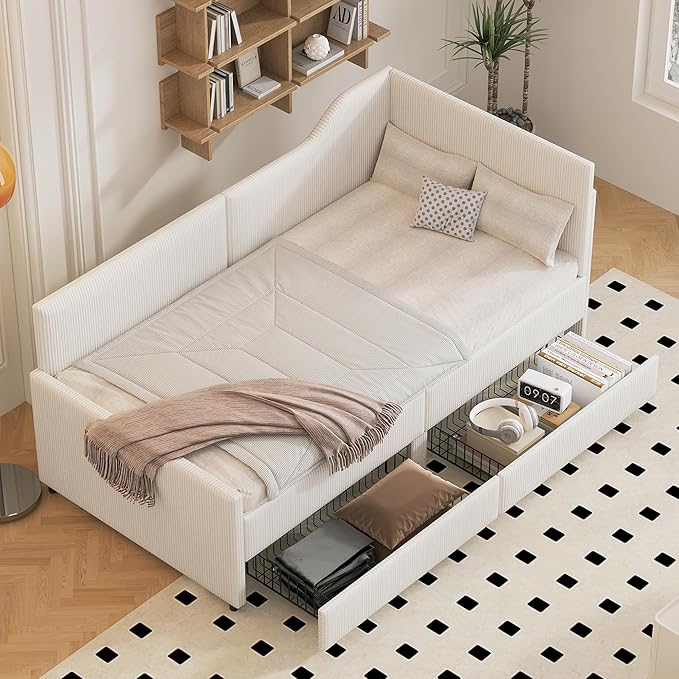 Twin Size Daybed L-Shaped Modern Corduroy Upholstered Sofa Day Bed Frame with Storage Drawers for Living Room Bedroom Guest Room No Box Spring Needed (Beige)