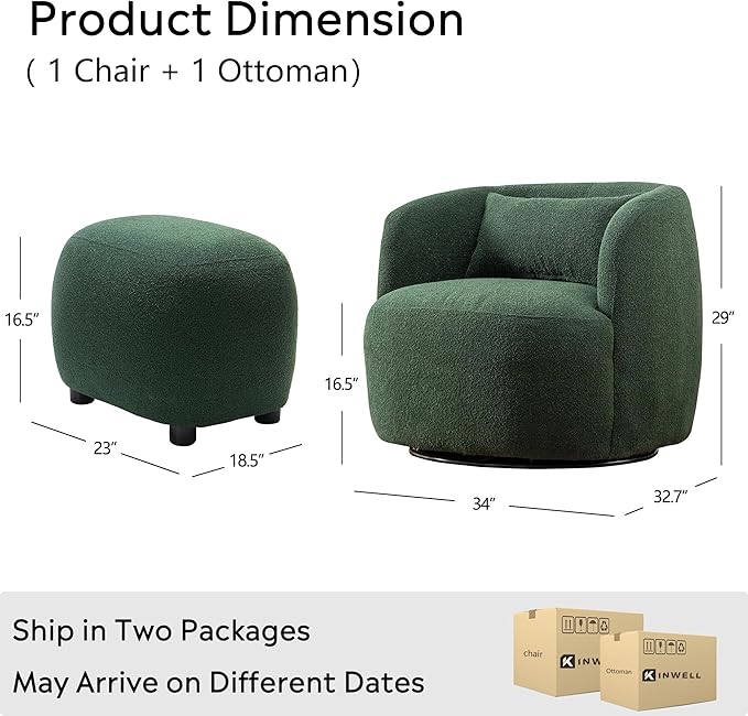 KINWELL 34 Wide Boucle Swivel Barrel Chair with 23 Ottoman Set Fully Assembled Set of Sherpa Accent Chair and Footrest Modern Comfy Armchair and Footstool for Living Room and Bedroom Green