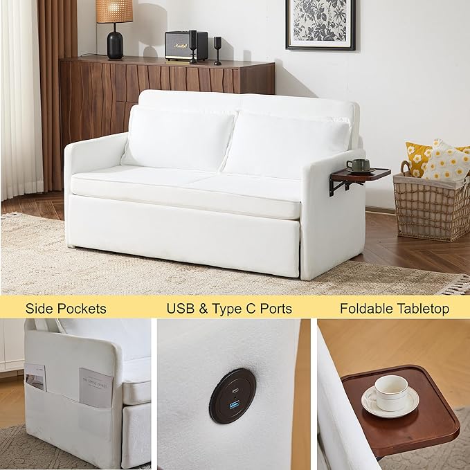 Livavege 59.45 Convertible Sofa Bed Velvet Futon Sleeper Sofa Loveseat with Pull-Out Couch Bed Foldable Tabletop USB &amp Type C Ports Recliner Sofabed for Living Room Bedroom Apartment White