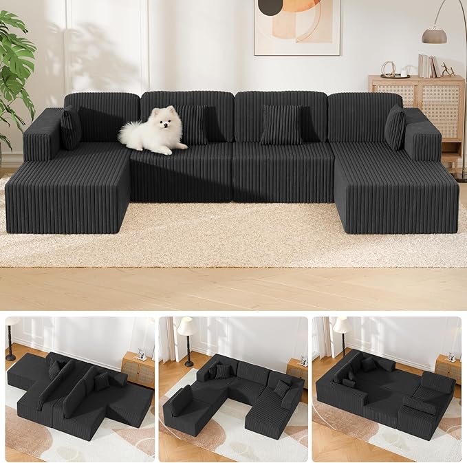 132 U Shaped Couch Oversized Modular Sectional Sofa with Chaise Corduroy U Shaped Couch with Deep Seat Boneless Couches for Living Room No Assembly Required Gray