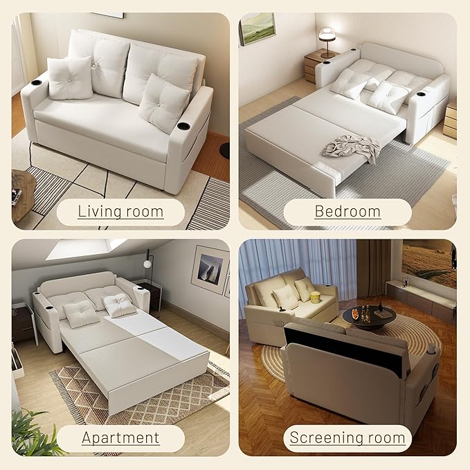 3 in 1 Pull Out Couch 56 Inch Convertible Sleeper Sofa Bed Loveseat with Cup Holders Storage Pockets USB Sofa Couches for Living Room Bedroom Apartment Beige