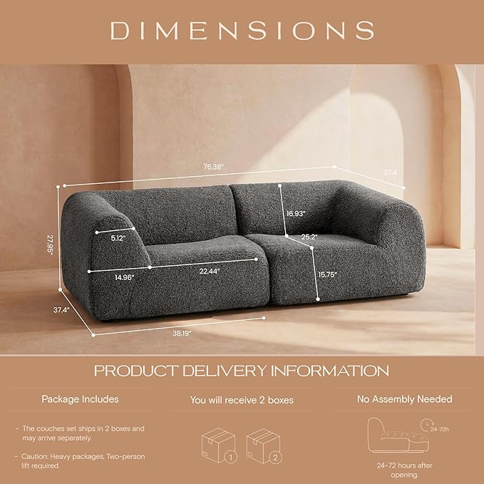 Curved Sectional Modular Couch with Chaise Modern 76.38'' Boneless Sofa with Deep Seat Sherpa Boucle Cloud Couch for Living Room Cozy Teddy Loveseat Couches No Assembly Gray
