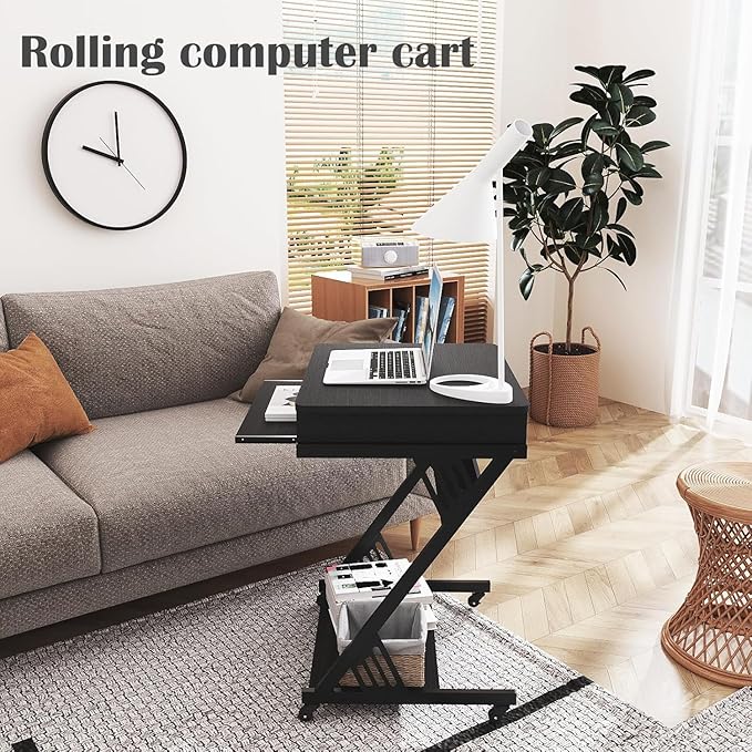 Computer Desk with Keyboard Tray 23.6 inch Rolling Small Desk with Wheels Computer Cart with Storage Mobile Desk Z Shaped for PC Home Office Black