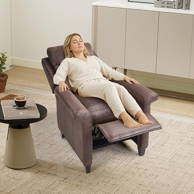 Push Back Recliner Chair Faux Leather Lounge Armchair with Footrest Decoration Single Sofa Accent Chair for Living Room Bedroom Small Spaces (1 Dark Brown)