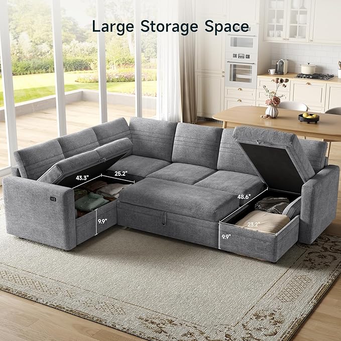 ONBRILL 105 Modular Sectional Sleeper Sofa with Pull Out Bed6 Seat Sectional Sleeper Sofa with Storage ChaiseUSB PortsModern U-Shaped Couches for Living RoomTool-Free AssemblyChenilleGrey