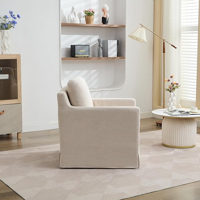 Modern Swivel Accent Chair Beige Chenille 360-Degree Rotation with Removable Cushion Skirted Design 34.8x29.9x33.1 Inch for Living Room Office
