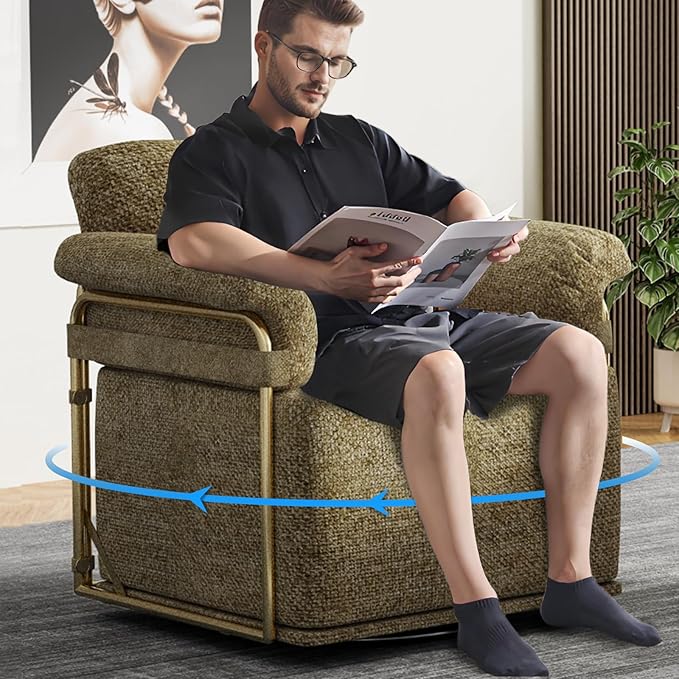 Swivel Accent Chairs 360 Swivel arm Chairs for Bedroom Club Chair with Back Gold Frame Tall Base for Office and Living Room (Brown)