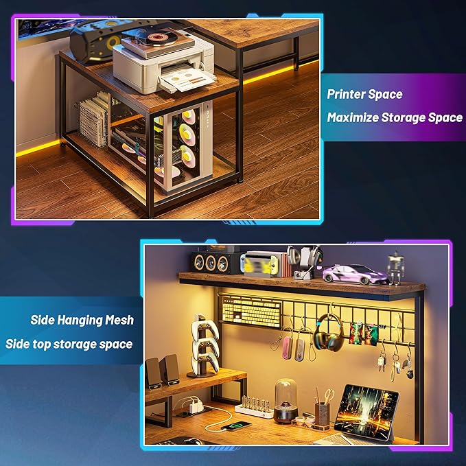 Gaming Desk with Shelves &amp Hooks 63.5L Shaped Computer Desk with LED Lights &amp Power Outlets &amp Monitor Stand and Printer Space for Home Office Writing Desk of Bedroom Living Room Rusti