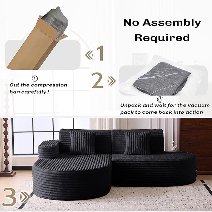 Modern Curved Boneless Sofa Couch L-Shaped Corner Sofa Corduroy Upholstered Cloud Sectional Couch for Living Room Bedroom and ApartmentNo Assembly Needed(Black Left Hand Facing)