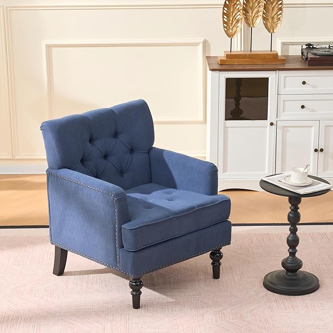 Mid Century Modern Beige Accent Chair with Arms Corduroy Upholstered Armchair with Nailhead Trim Tufted Club Chair &amp Single Sofa Chairs for Living Room Wood Frame &amp Rubber Wood Legs (Blue)