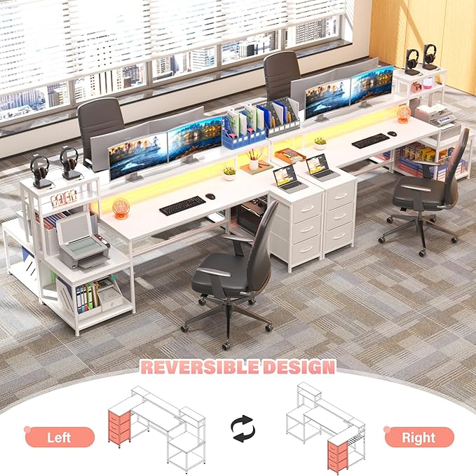 EnHomee 71 L Shaped Gaming Desk with LED LightsWhite Computer Desk with Drawers and Printer ShelfPower OutletReversible Home Office Desks with Storage and Monitor Stand