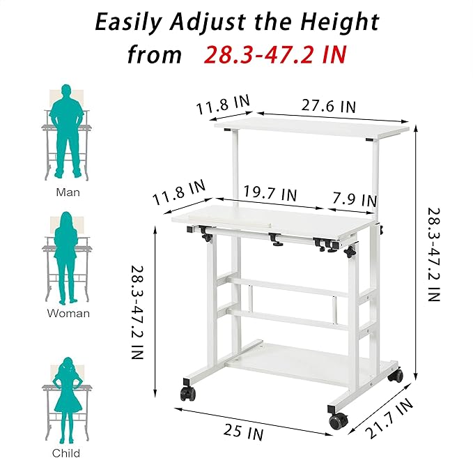 UNICOO Portable Standing Desk on Wheels Height Adjustable Mobile Workstation Versatile Sit-Stand Desk for Home Office (White Frame/White Top)