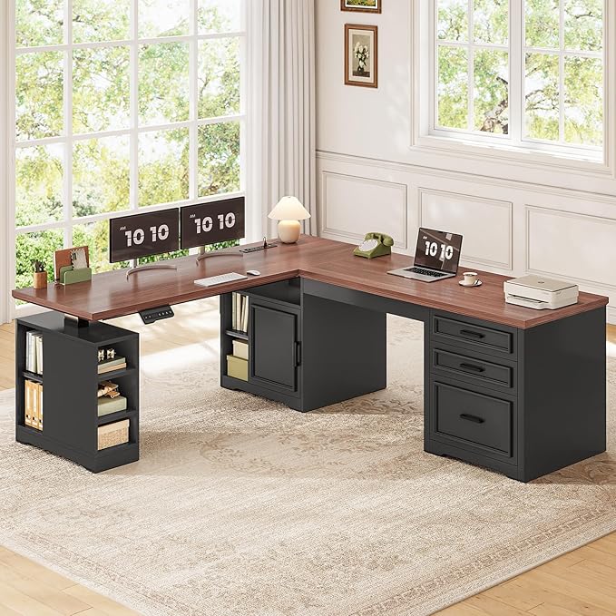 SEDETA Farmhouse L Shaped Electric Standing Desk 63 x 67 Height Adjustable Home Office Executive Desk with Drawers and Shelves Standing Computer Desks with Power Outlet for Home Office Black
