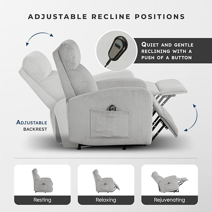 Lexicon Power Lift Recliner Chair for Elderly with Remote Control Gentle Lift Motion Side Pocket Armrest Corduroy Upholstered Electric Recliner for Living Room/Bedroom Easy Assembly Light Gray