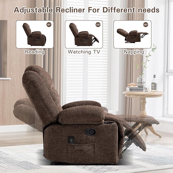 EBELLO Manual Recliner Chair for Adults with Vibration Massage and Lumbar Heating Soft Fabric Recliner Single Sofa for Living Room with Side Pocket and Two Cup Holders Brown