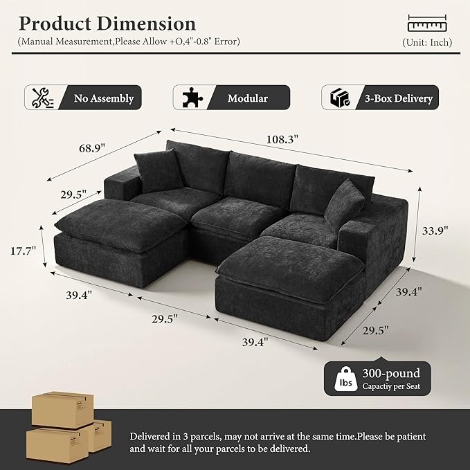 110 Sectional Couches for Living Room Boneless Couch Upholstered Cloud Couch Sectional Modular Sectional Sofa with L Shaped (Chenille-Black 3 Seat+2 Ottoman)