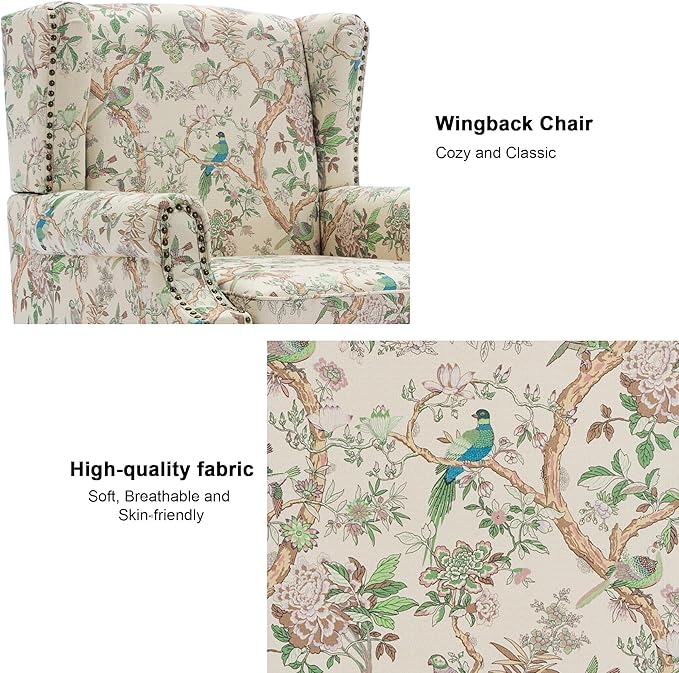 Floral High Back Accent Chair Upholstered Armchair with Solid Wood Legs Comfy Wingback Reading Single Sofa Chair for Small Spaces Living Room Bedroom(Floral Bird Set of 2)