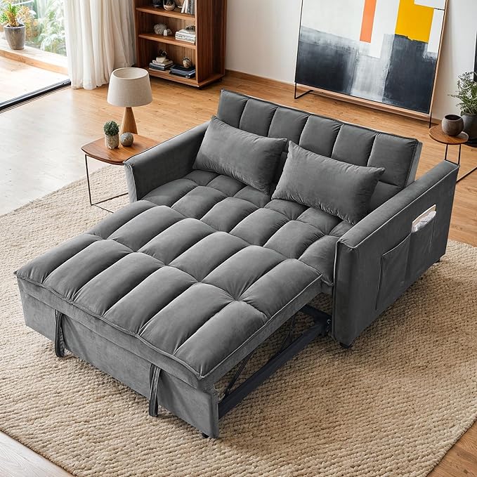 3 in 1 Convertible Sleeper Sofa BedFuton Loveseat Couch with Pull-Out Bed &amp Adjustable BackrestVelvet Fabric Sofa with Side Pocket for Small Apartment Living Room Office (Dark Grey)