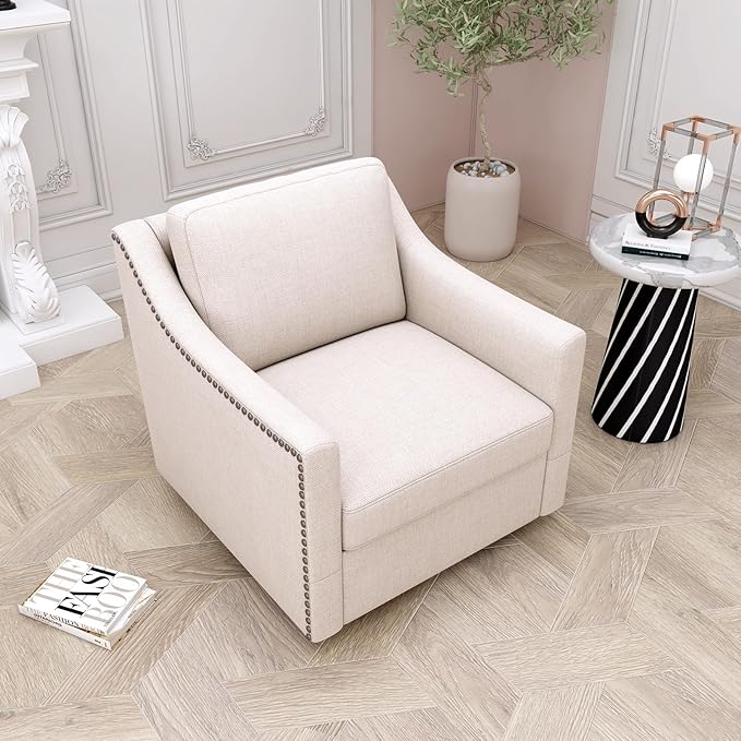 360 Degree Swivel Armchair Cotton Linen Skin-Friendly Fabric Ergonomic Design Brass Nail Decorative Armchair Living Room Chairs Bedroom Chairs Living Room Chairs Black Legs Suitable for Indoor Homes