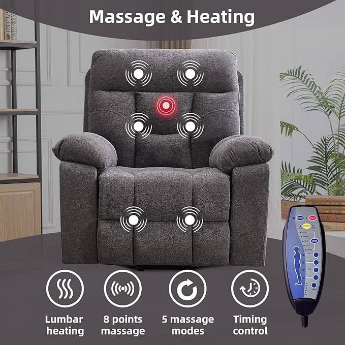 CANMOV Large Power Lift Recliner Chair with Massage and Heat for Elderly Big and Tall People Overstuffed Wide Recliners with 2 Cup Holders Side Pocket and USB Port Dark Grey