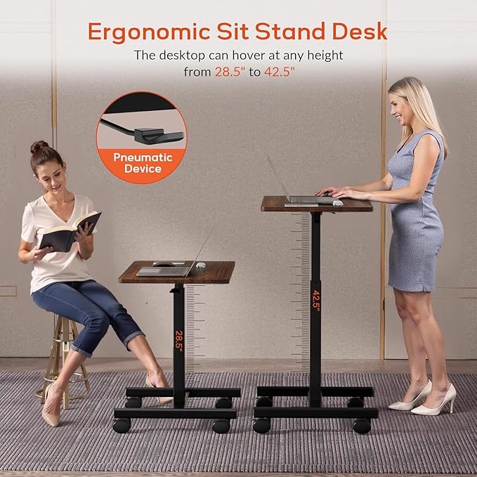 Mobile Small Standing Rolling Desk Adjustable Height Portable Laptop Desk on Wheels Computer Workstation for Home Office with HookRustic Brown