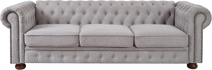 88.5 Upholstered Chesterfield Couch Modern 3 Seater Sofa with Tufted Back and Scrolled Arms Wood Leg Nailhead Sofa for Living Room Office Apartment Small Space Linen Upholstered Gray