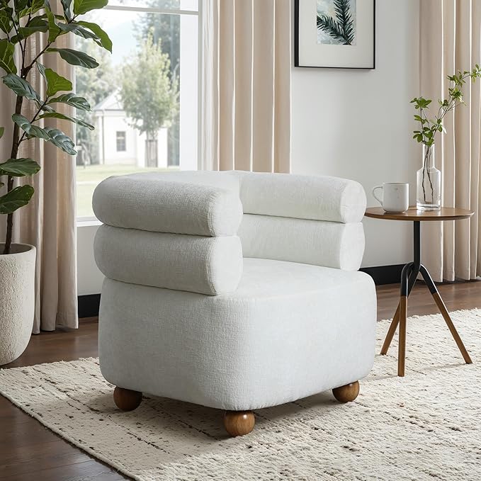 LuxenHome Barrel Accent Chair with Wood Ball Legs Modern Upholstered Ivory Barrel Armchair for Living Room Reading Room BedroomStylish Sofa Chair Decorative Home FurnitureLeisure Lounge Chairs