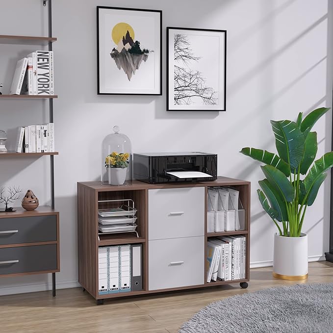 Mobile lateral Filing Cabinet with 2 Drawers and 4 Open Storage cabinets for Home Office Walnut Light Gray