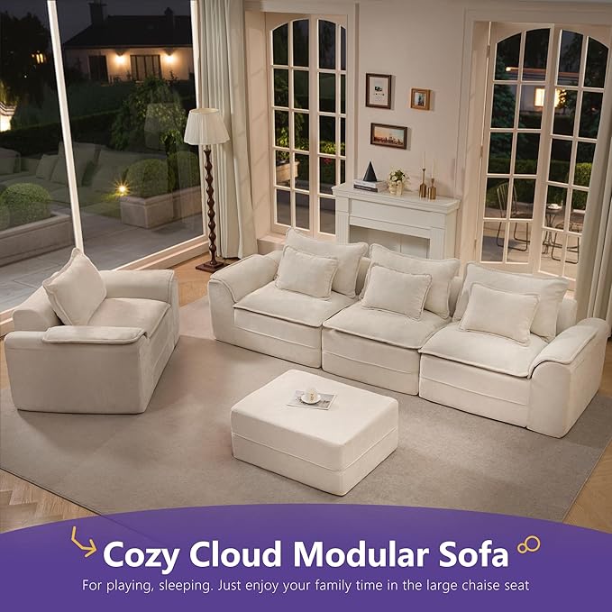 Hobestluk 120 Cloud Modular Sectional Couch 3-Seater Sofa with Ottoman L Shaped Sofa with Removable Cover Large Sofa Couch for Living Room (Beige 3-Seater Sofa with One Ottoman)