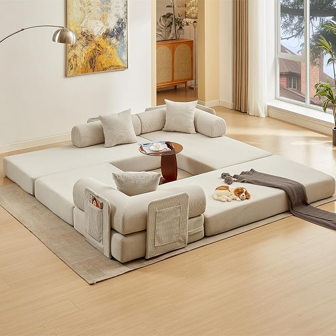 L Shaped Convertible Modular Sofa Bed with Cylindrical Pillow &amp Reversible Chaise Corduroy Folding Floor Sofa Couch Bed with Fixed-Shape Frame &amp Storage Pocket for Living Room Beige