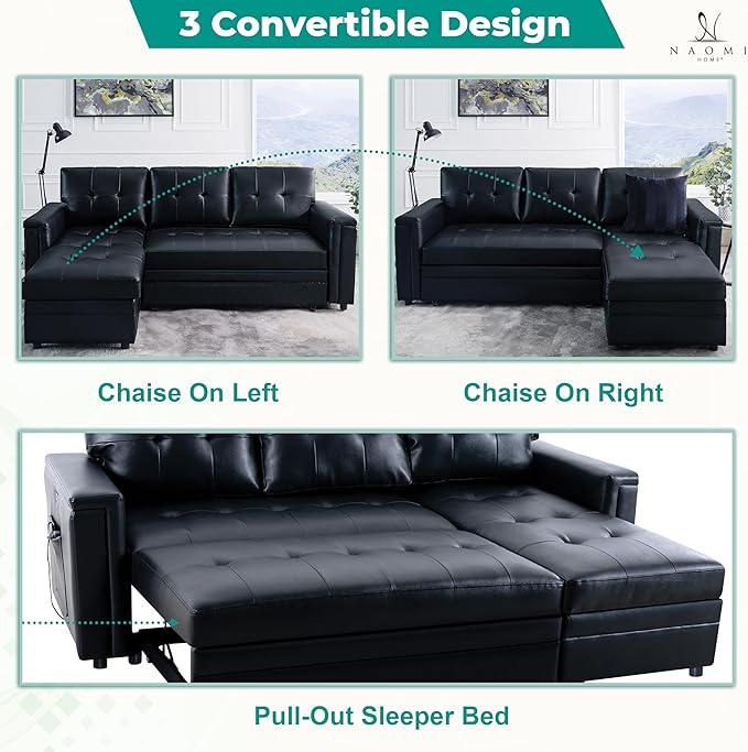 Naomi Home Lily Sectional Sleeper Sofa with USB Ports-L-Shaped Couch Convertible Pull-Out Bed Ample StorageTimeless DesignSturdy ConstructionLong-Lasting for Modern Living - Black Air Leather