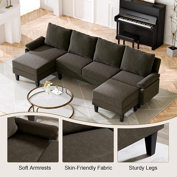 Sectional Couches for Living Room Furniture Sets 4 Seat U Shaped Sectional Couch with Storage Adjustable Sofa with Armrests and Ottoman for Apartment Dark Brown