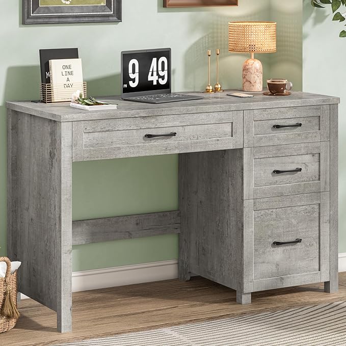 Vabches Farmhouse 47 Executive Desk with 4 Drawers Computer Desk with File Drawer and Charging Station Workstation for Home Office Study.（Grey）