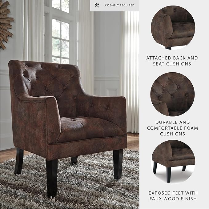 Signature Design by Ashley Drakelle Traditional Accent Chair with Diamond Button Tufting Attached Cushions Fabric Upholstery 20.5 Seat Height Dark Brown