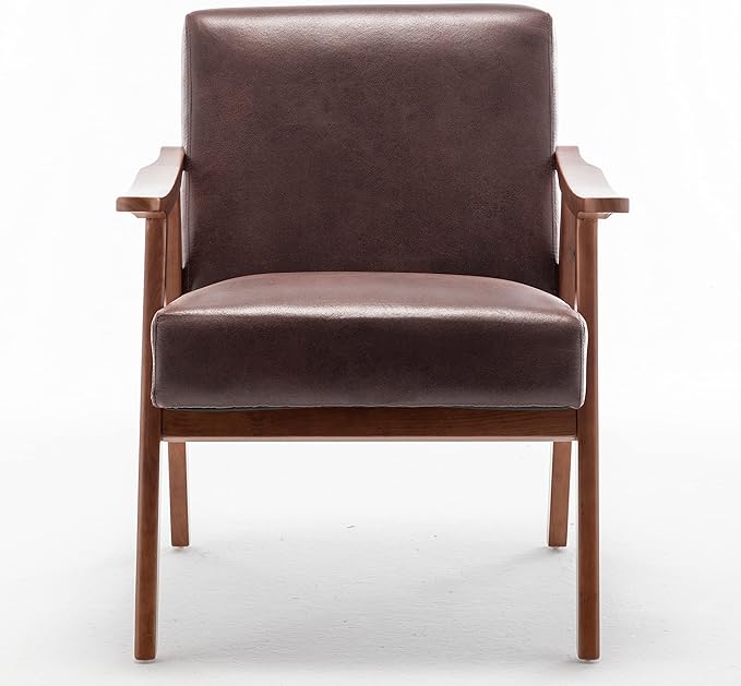 Mid Century Modern Accent Chair with Wood Frame Upholstered Living Room Chairs with Waist Cushion Reading Armchair for Bedroom Sunroom Lounge Chair Indoor Office Family (Dark Brown)