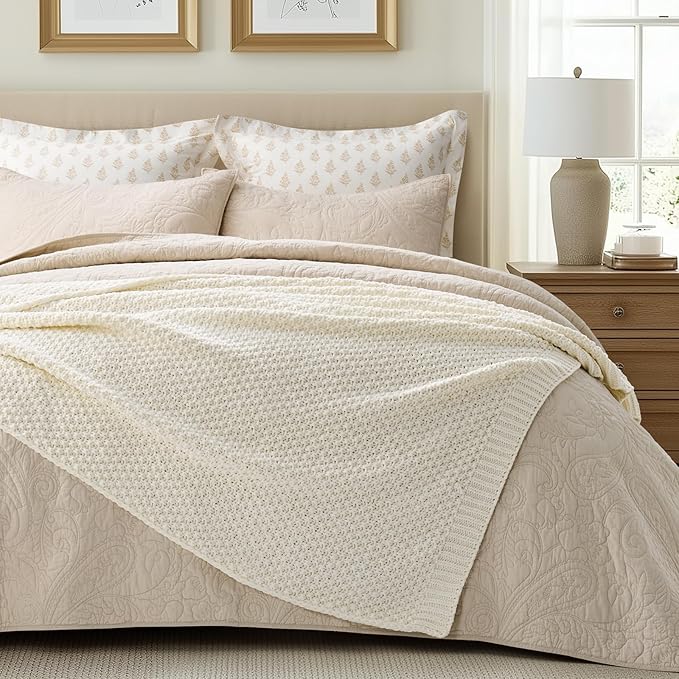 EVERGRACEHOME Chunky Chenille Knit Throw Blanket for Couch Soft Luxurious Moss Stitch Blankets for Bed Cozy Decorative Farmhouse Knitted Throws for Sofa Ivory White 60 x 80