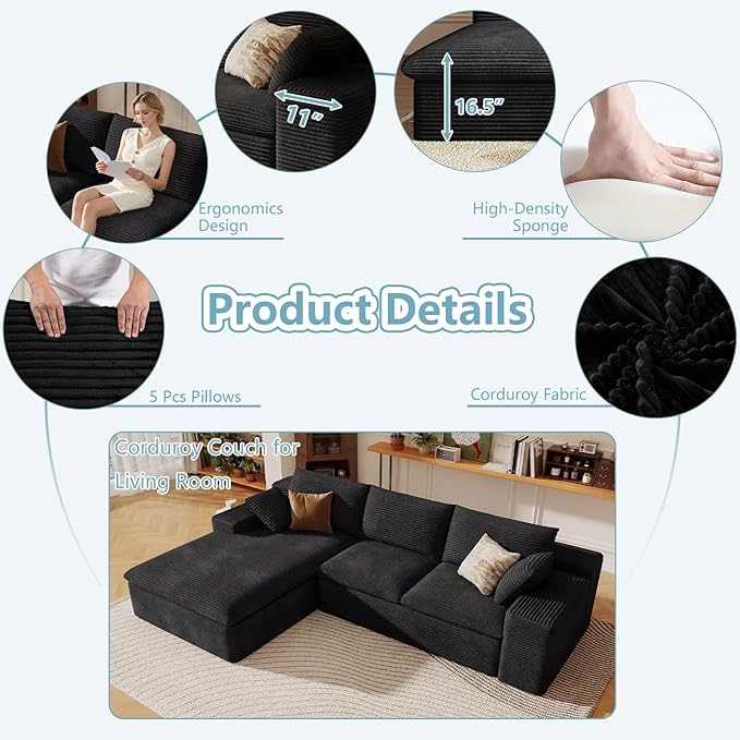 107 Cloud Sectional Couch with L-Shape Chaise Modern Corduroy Viral Boneless Sofa for Living RoomMemory Foam Couches in a Box with Deep SeatNo Assembly Required (BlackLeft-Facing Chaise)