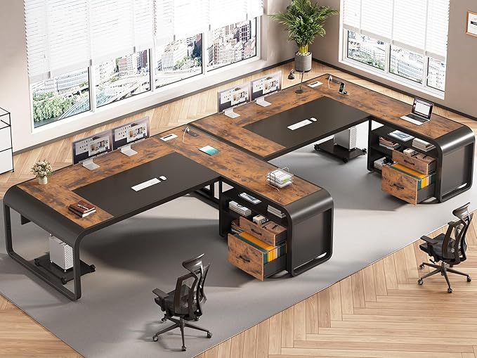 SEDETA 61 Inch Executive Desk Large Office Desk with File Drawer L Shaped Desk with Drawers Computer Desk with Mobile CPU Stand Storage Shelves Power Outlets for Home Office Rustic Brown