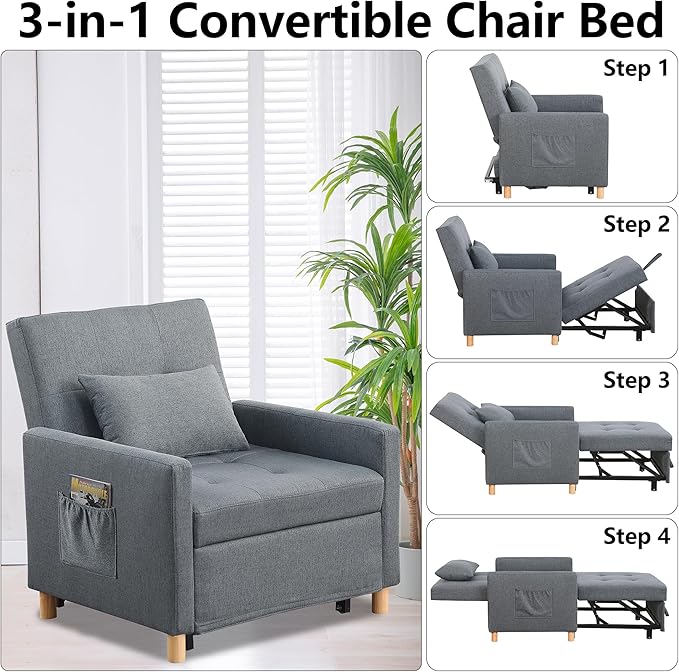 Sleeper Sofa Chair Bed 3-in-1 Single Convertible ChairMulti-Functional Sleeper Chair with Soft Fabric for Living Room Dorm Apartment Bedroom or Office (Drak Grey)