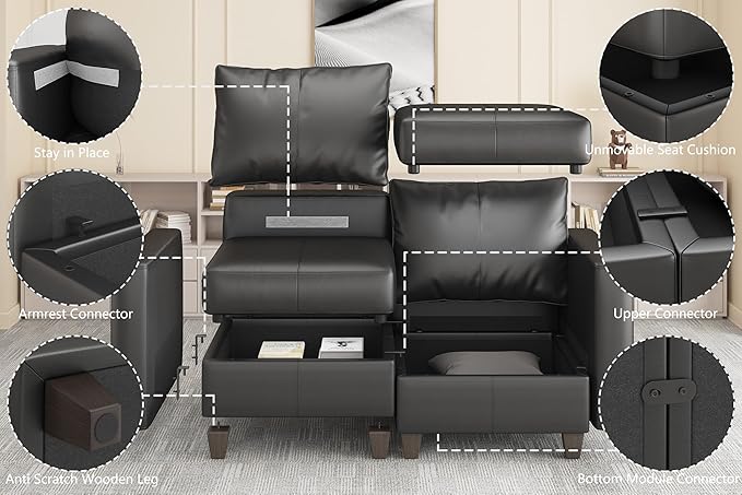 EASE MOOSE Modular Sectional Couch with Storage Seats 4 Seat Faux Leather Convertible Modular Sofa Sectional Sofa Couch with Reversible Chaises for Small Spaces Black