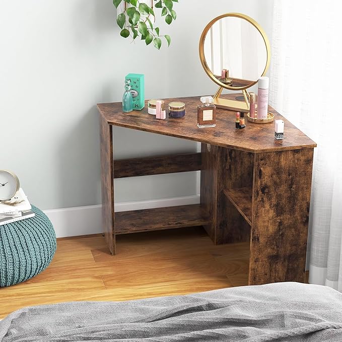 GOFLAME Corner Desk with Storage Shelves Triangular Computer Desk with Cable Management Holes Laptop Workstation for Small Space Makeup Vanity Desk for Living Room Study Rustic Brown
