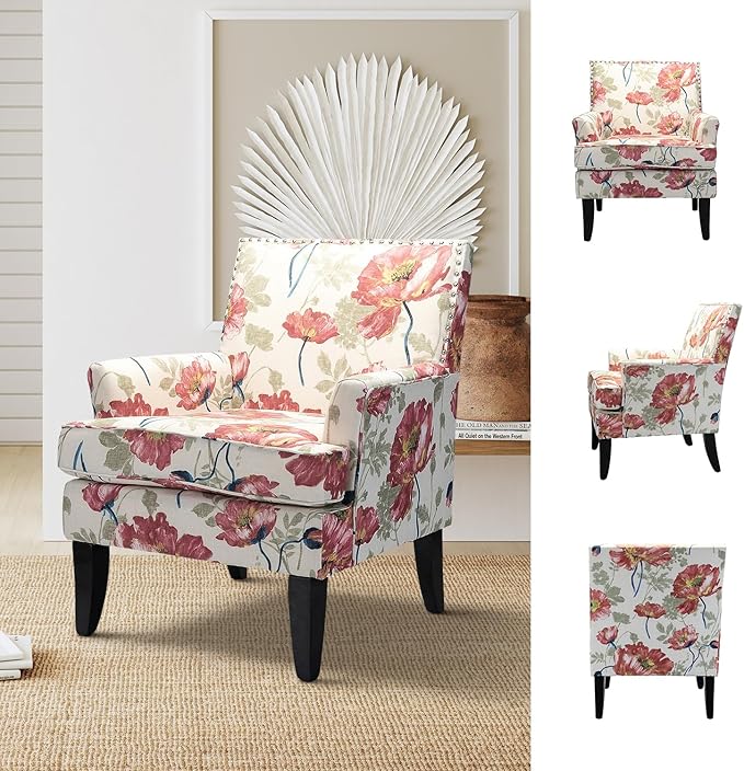 High Back Accent Arms Chair Modern Accent Chair with Wooden Legs Reading Chair with Padded Armrest and Comfortable Cushioned Seat for Living Room Bedroom