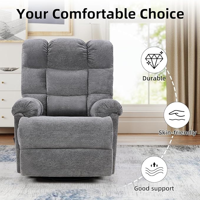 CANMOV Swivel Rocker Recliner for Adults Glider Rocking Reclining Chair for Nursery Manual Recliner Chair with Overstuffed Back and Arms for Living Room Bedroom Nursery Grey