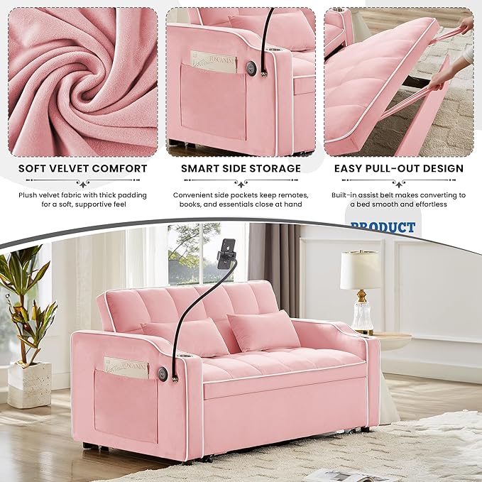 TTK 3-in-1 Convertible Velvet Sleeper Sofa Bed Pull-Out Loveseat with Adjustable Backrest USB Port &amp 2 Pillows Swivel Phone Stand &amp Storage Pockets Modern Futon Couch for Living Room Pink