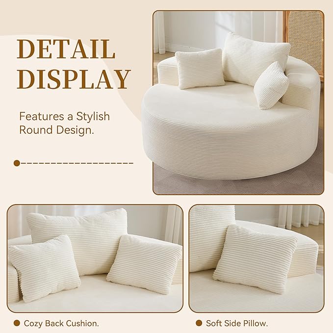 55''Oversized Round Boneless Chaise Lounge ChairCorduroy Modern Floor Sofa Deep Seat Compressed Circle Comfy Barrel Chair No Assembly Sleeper Cloud Sofa Couch Bed for Living Room BedroomBeige