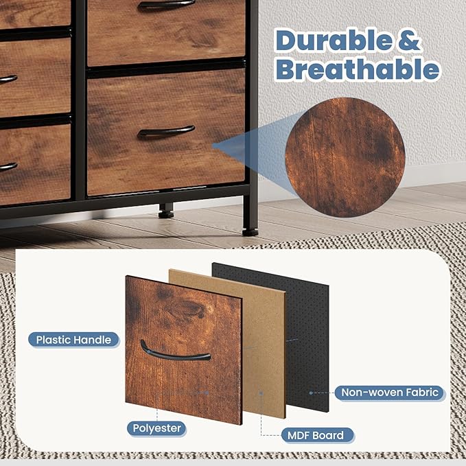 DUMOS TV Stand 7 Drawer Dresser for Bedroom with Storage TV Stands for Living Room Grey Farmhouse Entertainment Center Media Console Table with Metal Frame Adjustable Feet