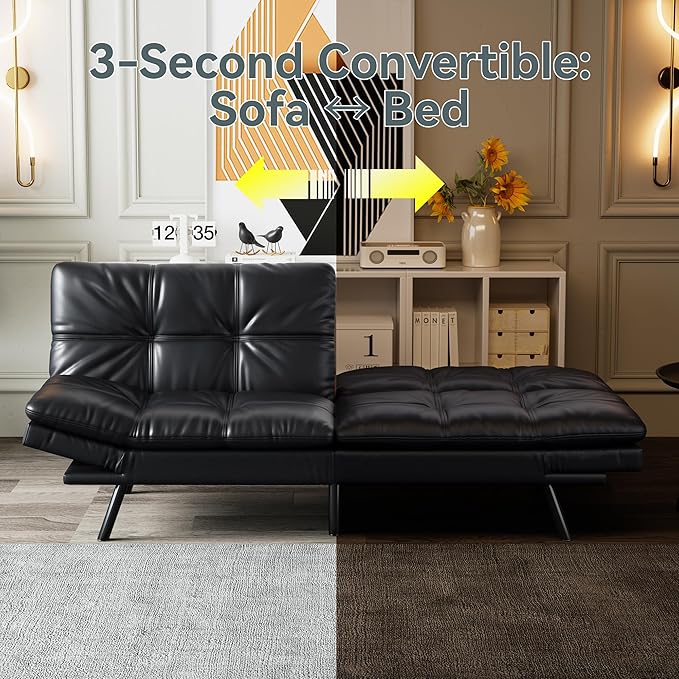 Futon Sofa Bed Convertible Couch Black Faux Leather Sofa Bed with Memory Foam Adjustable Backrest &amp Armrests Multifunctional Small Loveseat Sleeper Sofa for Living Room Apartment Office