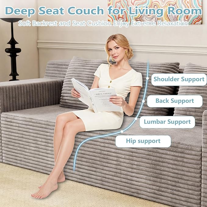 71Cloud Loveseat SofaModern 2-Seater Boneless Couch with 3 Pillows &amp Side PocketSoft Corduroy Love seatCompressed FoamDeep SeatNo Assembly for Living RoomBedroomApartment(Flat HandrailCam