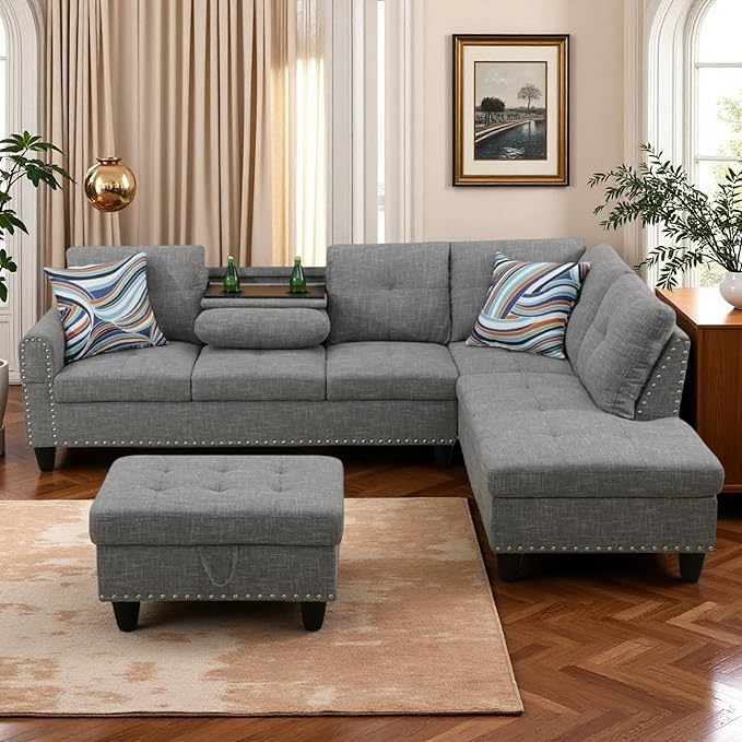 L Shaped Couches for Living Room Sectional Couch Living Room Furniture with Storage Ottoman Modular Sectional Sofa with Movable Chaise for Apartment Office Brown Grey