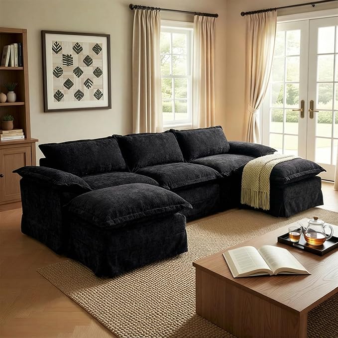 Claiks 123 Modular Boneless Couch U Shaped Couch for Living Room Modern Deep Seat Sofa 3 Seater Chenille Fabric Comfy Cloud Couches with Movable Ottoman Black